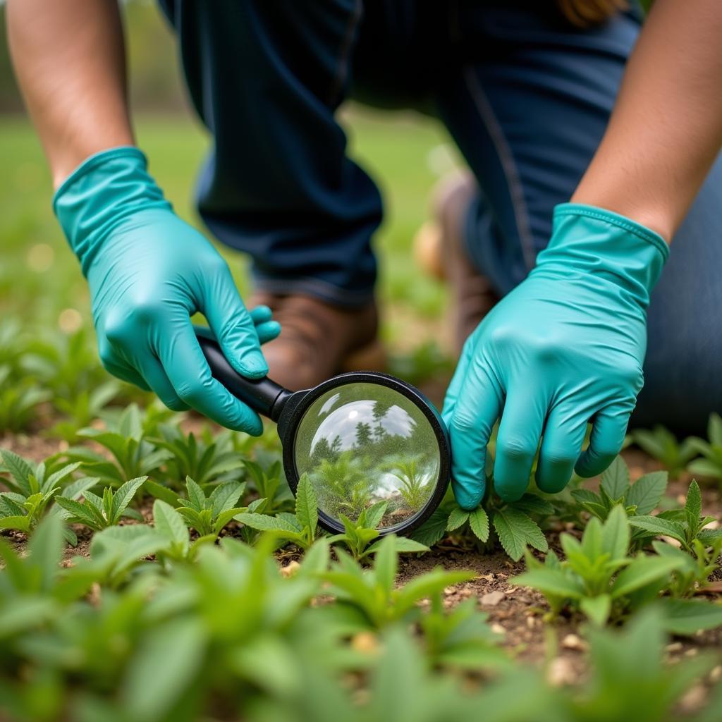 Lawn care professional examining grass for signs of pests