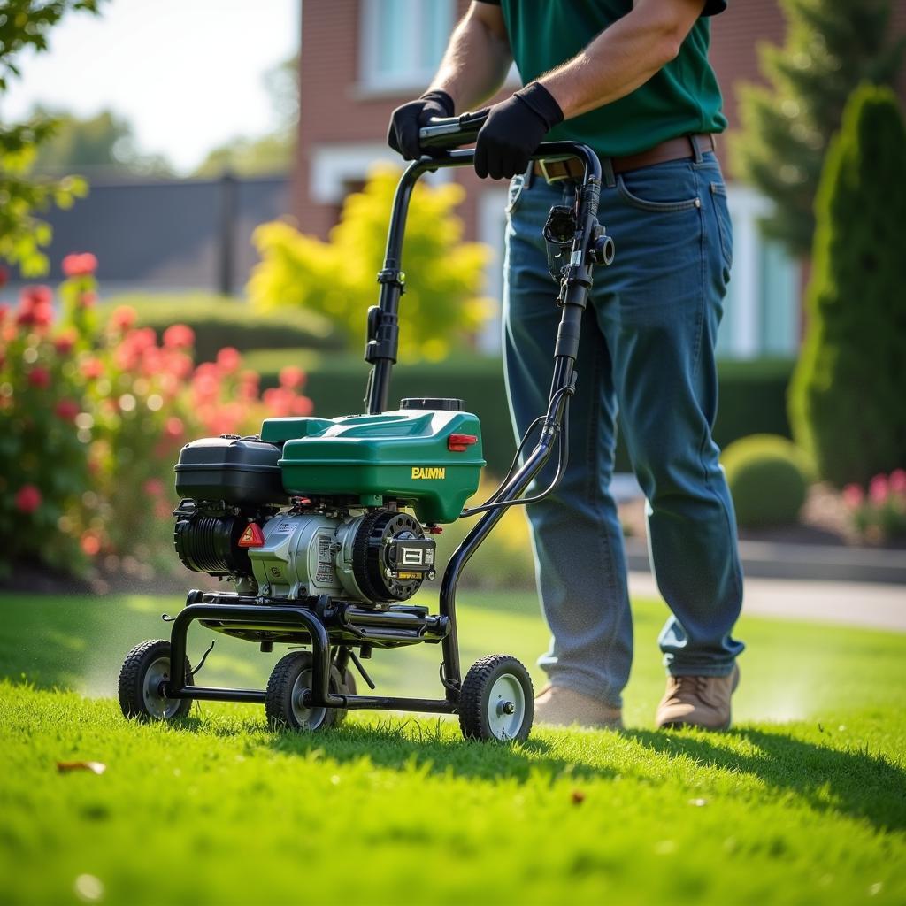 Lawn care service using specialized equipment for fertilization and weed control