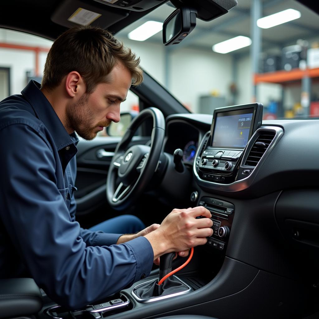 Skilled car audio technician in Leicester meticulously working on a complex sound system installation