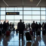 Lisbon airport arrival hall bustling with travelers