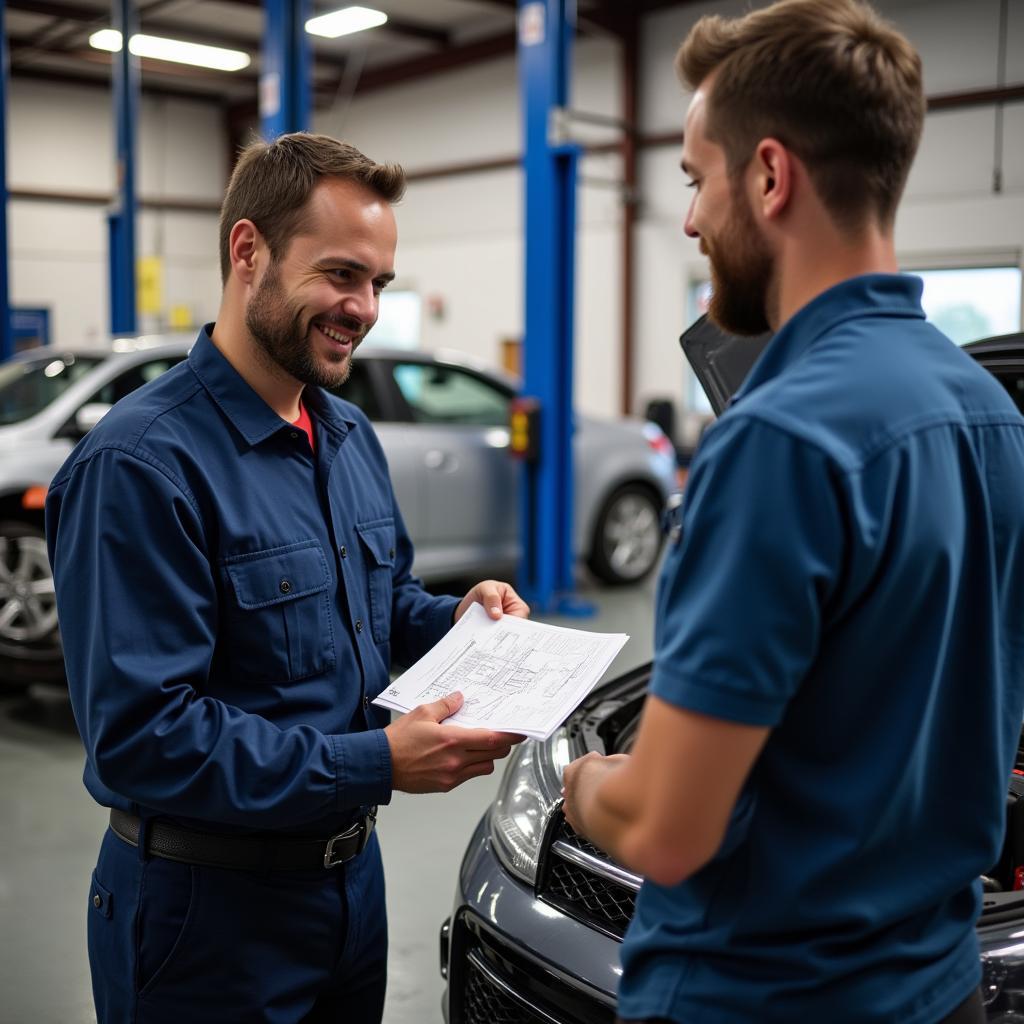 Mechanic explaining car repair to customer in Livonia