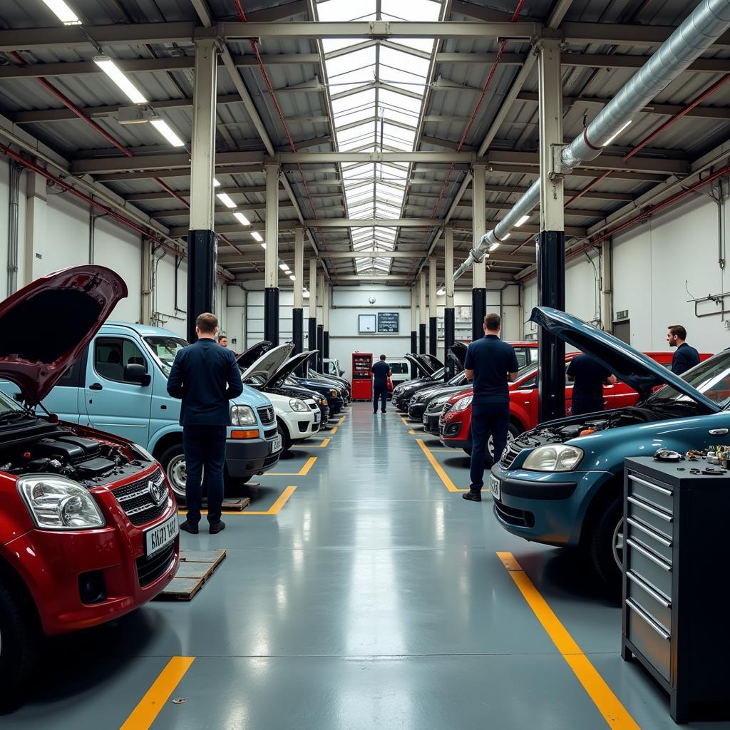 Busy car repair shop in London