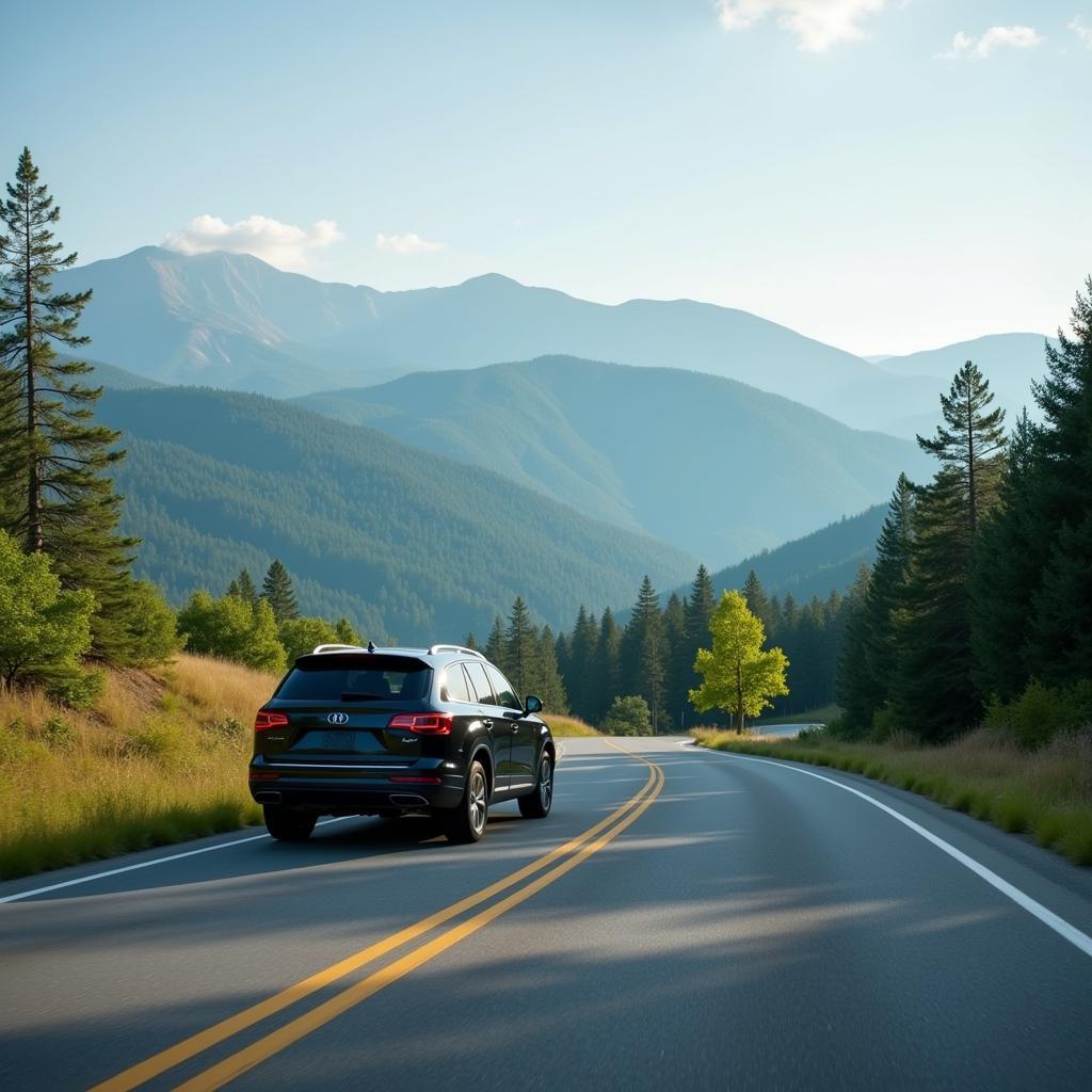 SUV driving on scenic highway with mountains in background.