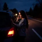 Woman stranded on a dark road with her car, visibly distressed, holding her phone