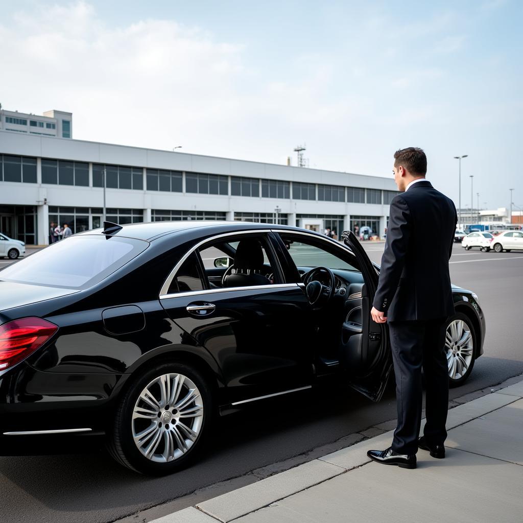 Luxury black car waiting for passenger pickup at airport