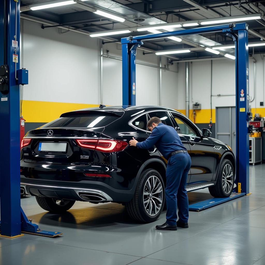 Luxury car on a lift in an auto shop