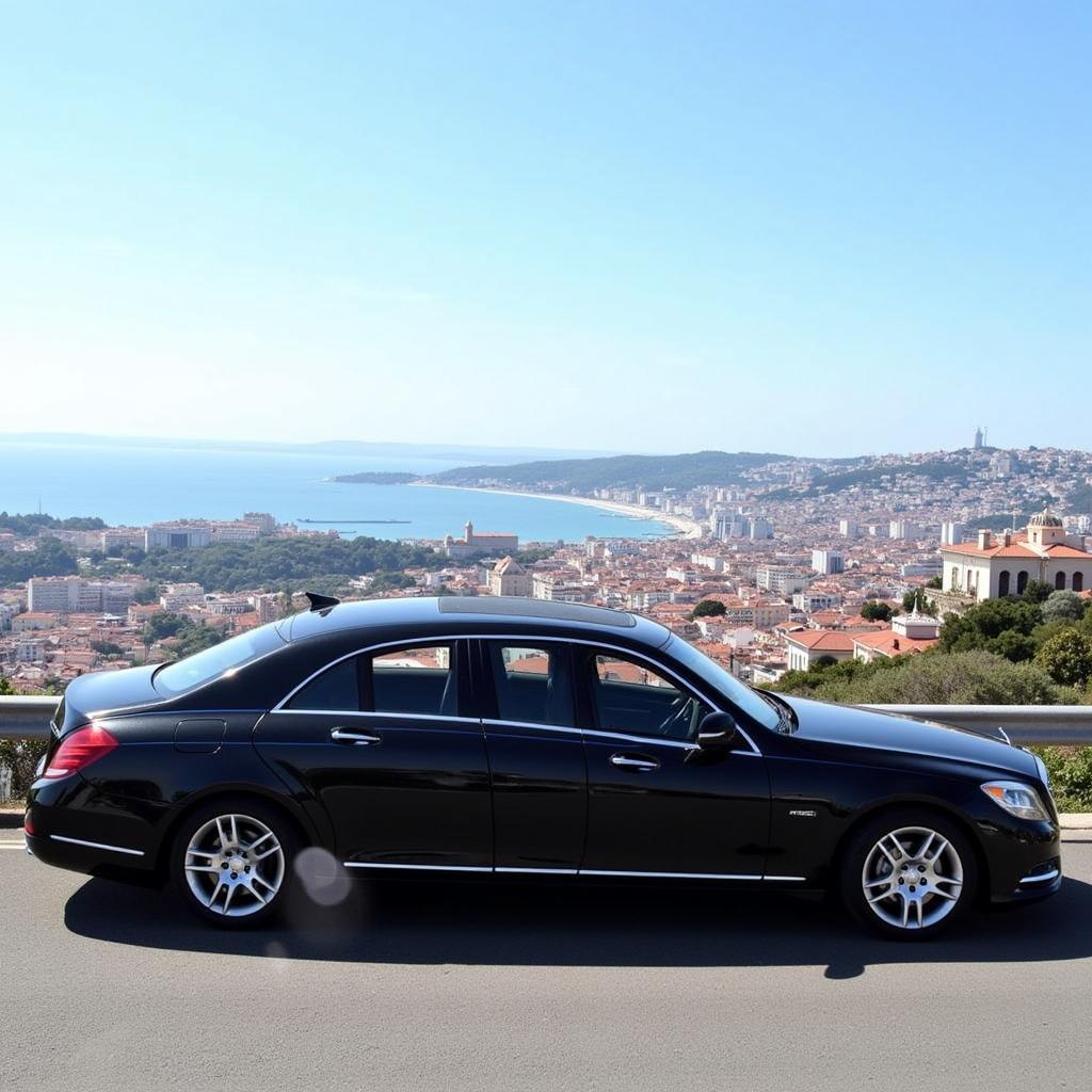 Black luxury sedan parked in front of a scenic Lisbon viewpoint 