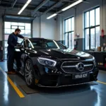 Luxury car being serviced in a Manhattan garage