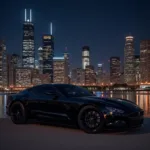 Black luxury car parked in front of Chicago skyline