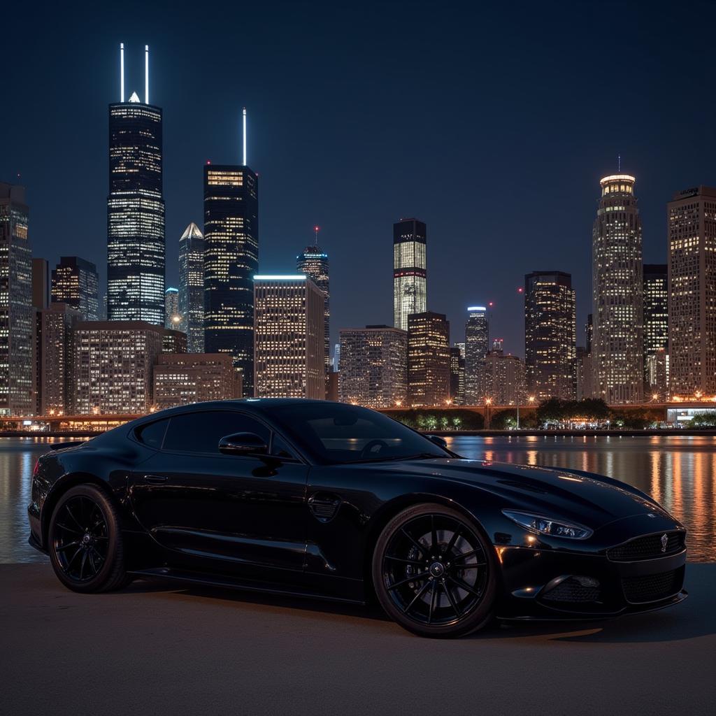 Black luxury car parked in front of Chicago skyline