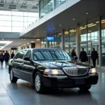 Black luxury town car parked in front of Orlando International Airport