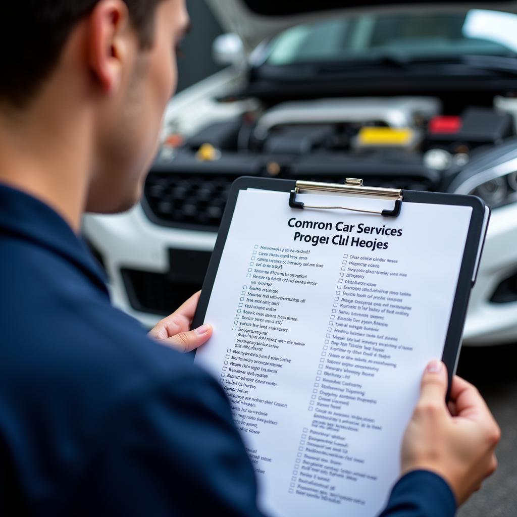 Mechanic inspecting a car checklist during a major car service