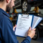 Car mechanic reviewing a major car service checklist