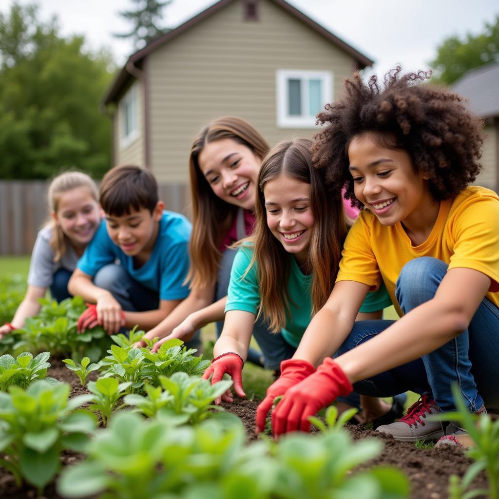 Volunteers planting a community garden