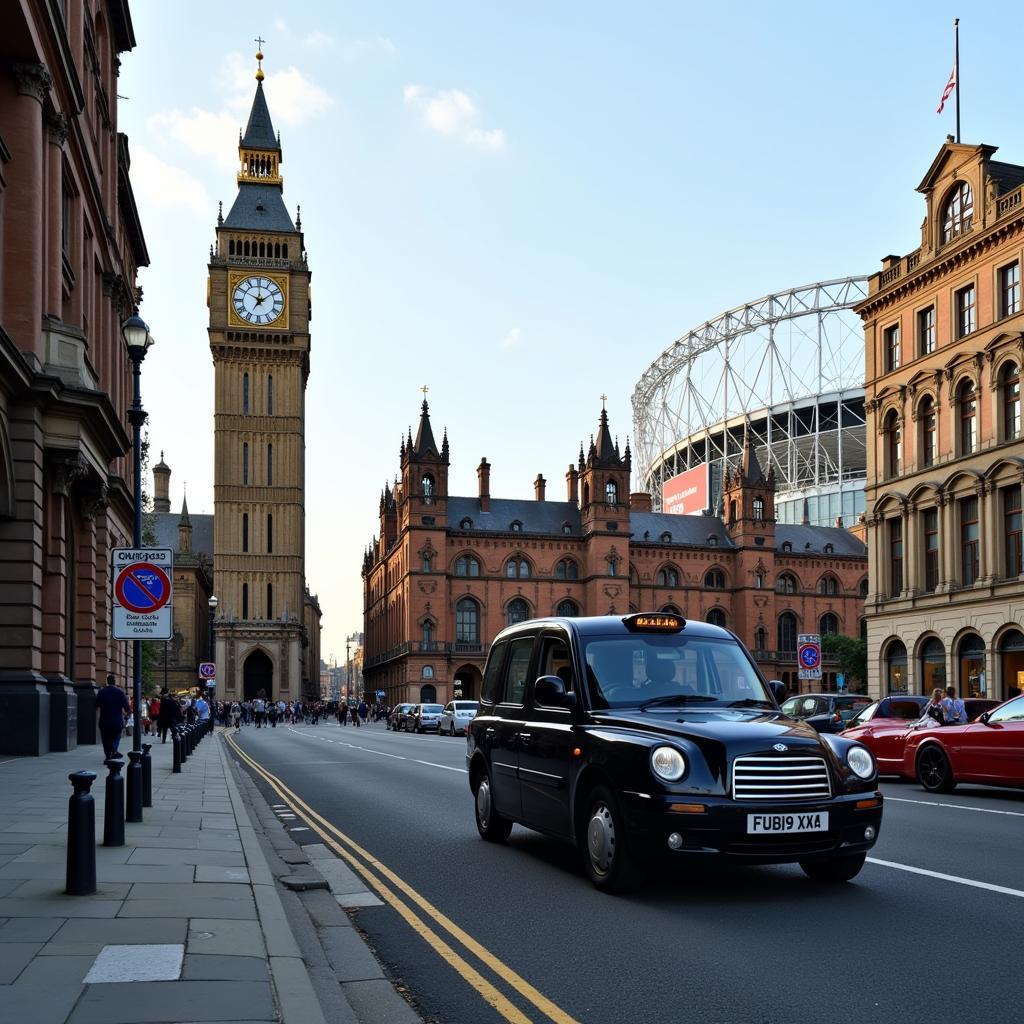 Taxi driving past Manchester city landmarks