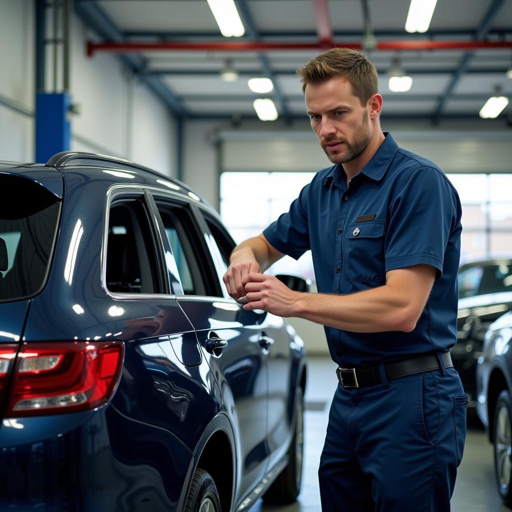 Mechanic inspecting a car in a manufacturer-approved service center