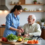 Caregiver assisting with meal preparation for a senior man