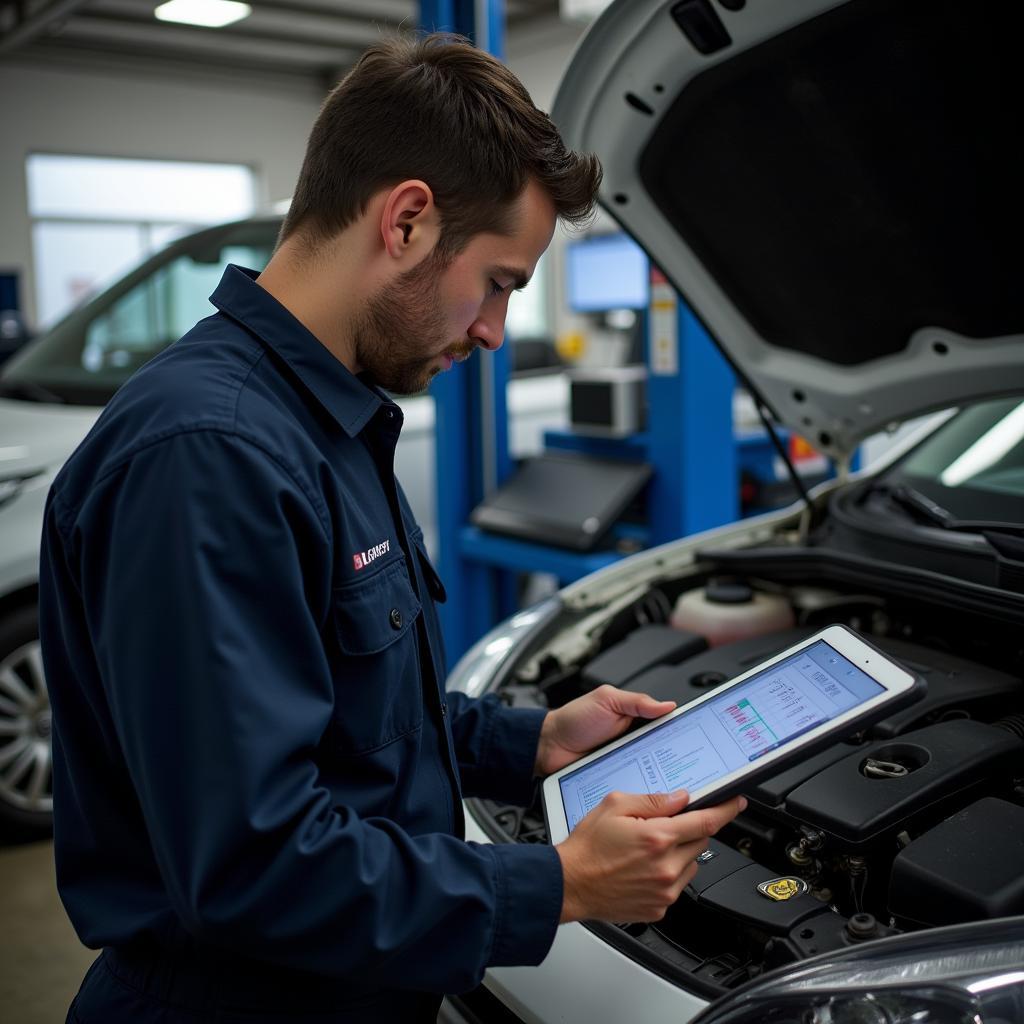 Mechanic analyzing a car diagnostic report in Barking and Dagenham