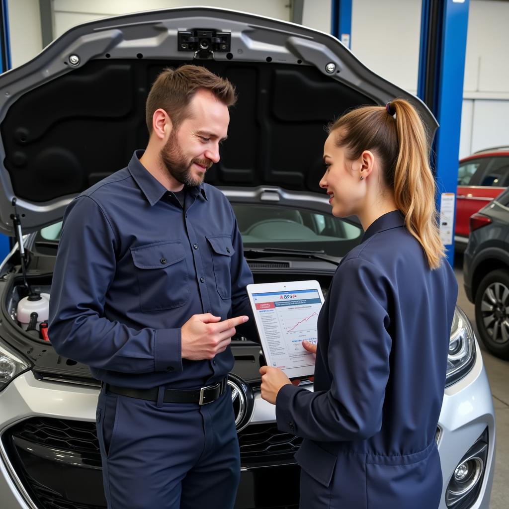 Mechanic and Car Owner Reviewing Records