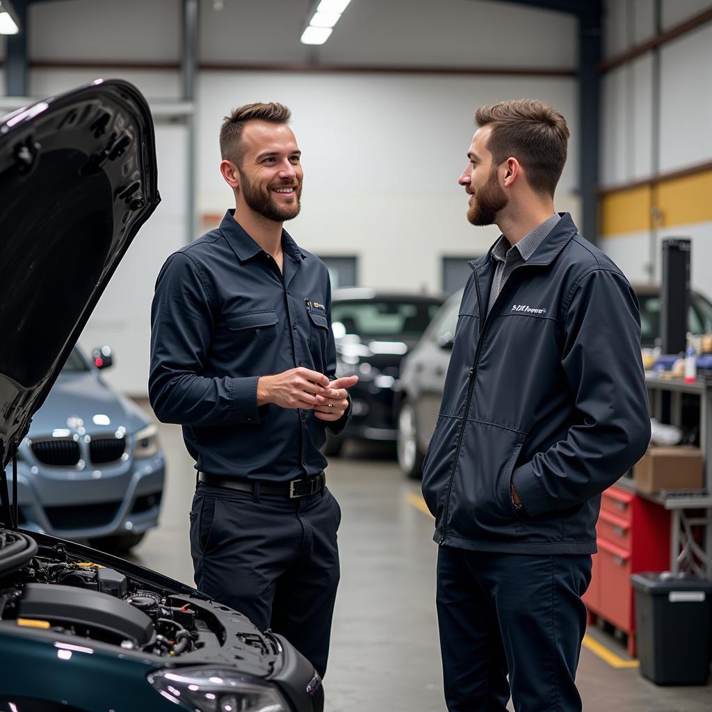 Mechanic and Customer Discussing Car Repairs