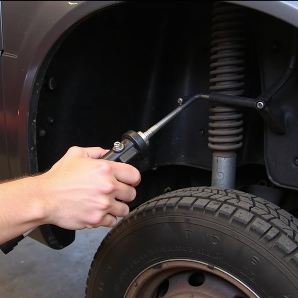 Mechanic Applying Grease to Car Suspension