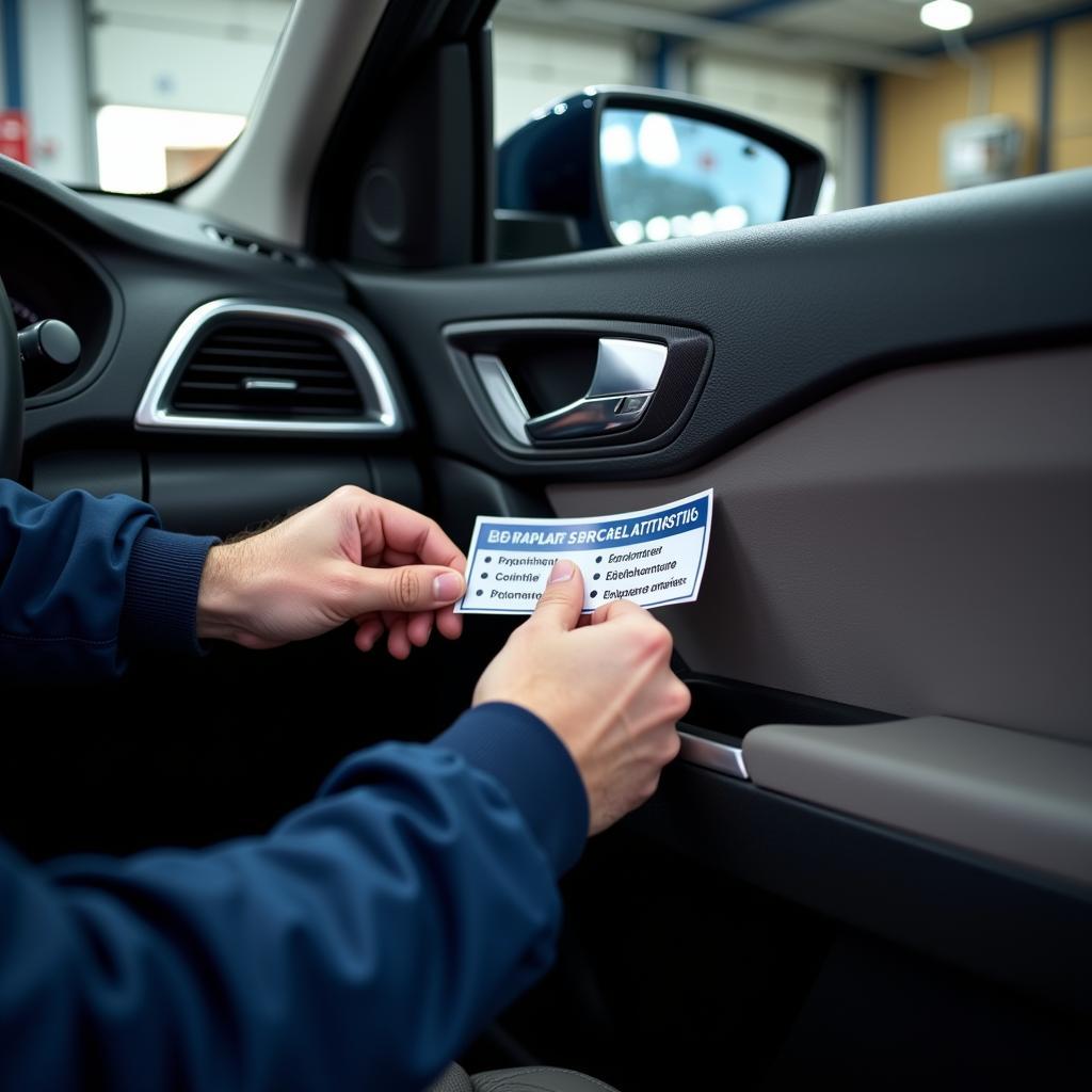 Mechanic applying a service sticker after car maintenance