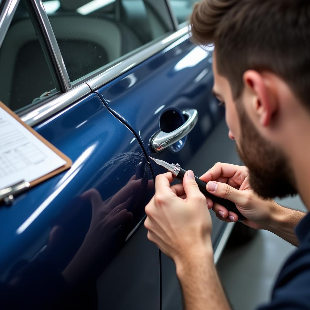 Mechanic checking car damage for mobile repair