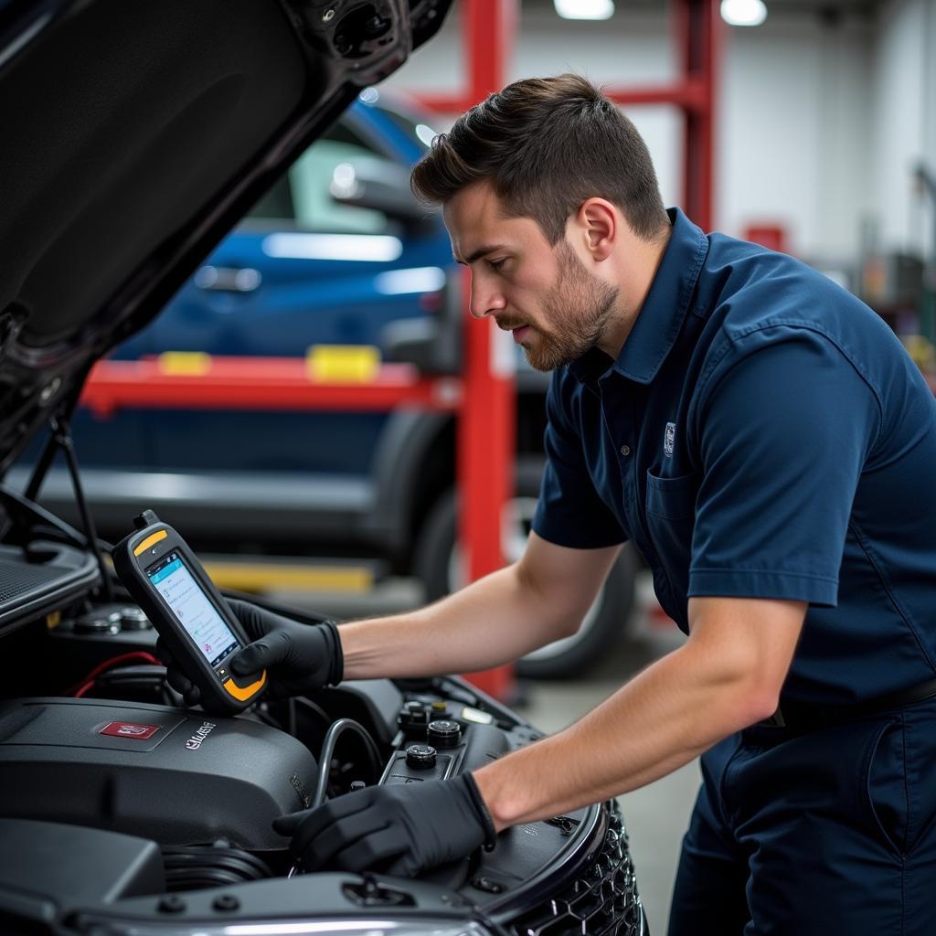 Mechanic inspecting car engine using diagnostic tools