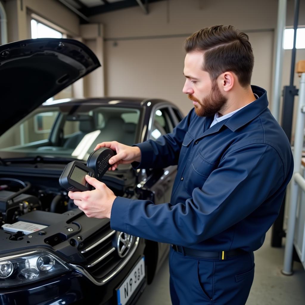 Mechanic using diagnostic tools to identify car problems