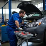 Mechanic Checking Car Engine in Repair Shop