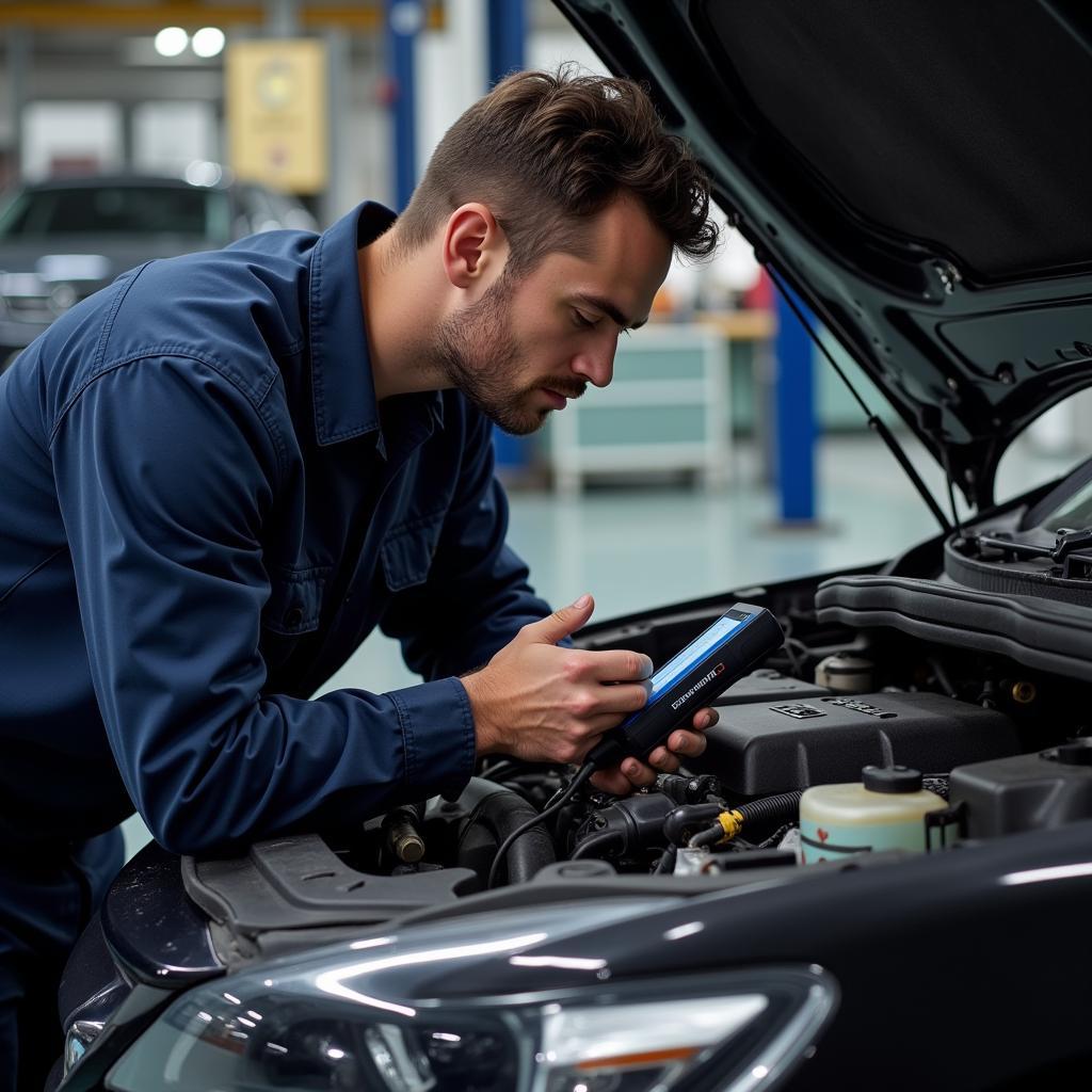 Mechanic Checking Car Engine with Diagnostic Tool