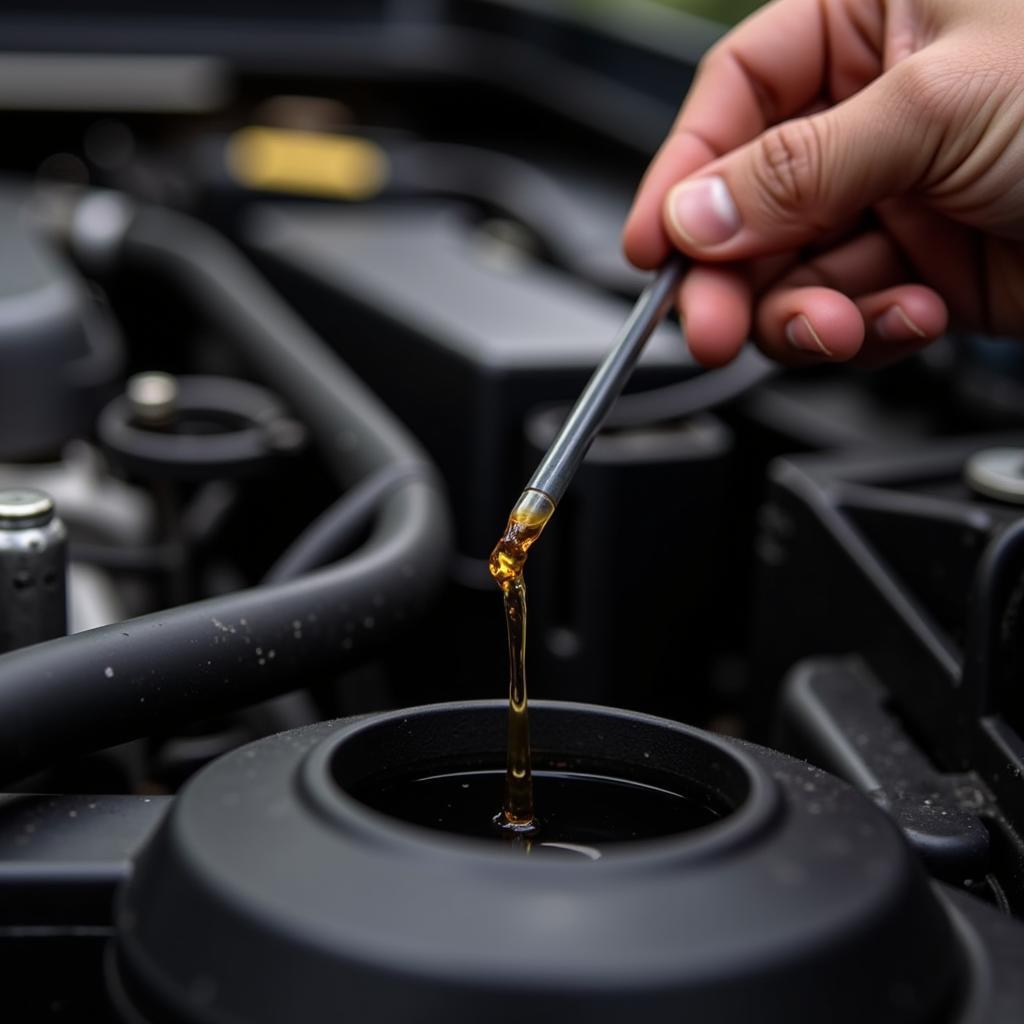 A mechanic inspecting and topping up car fluids