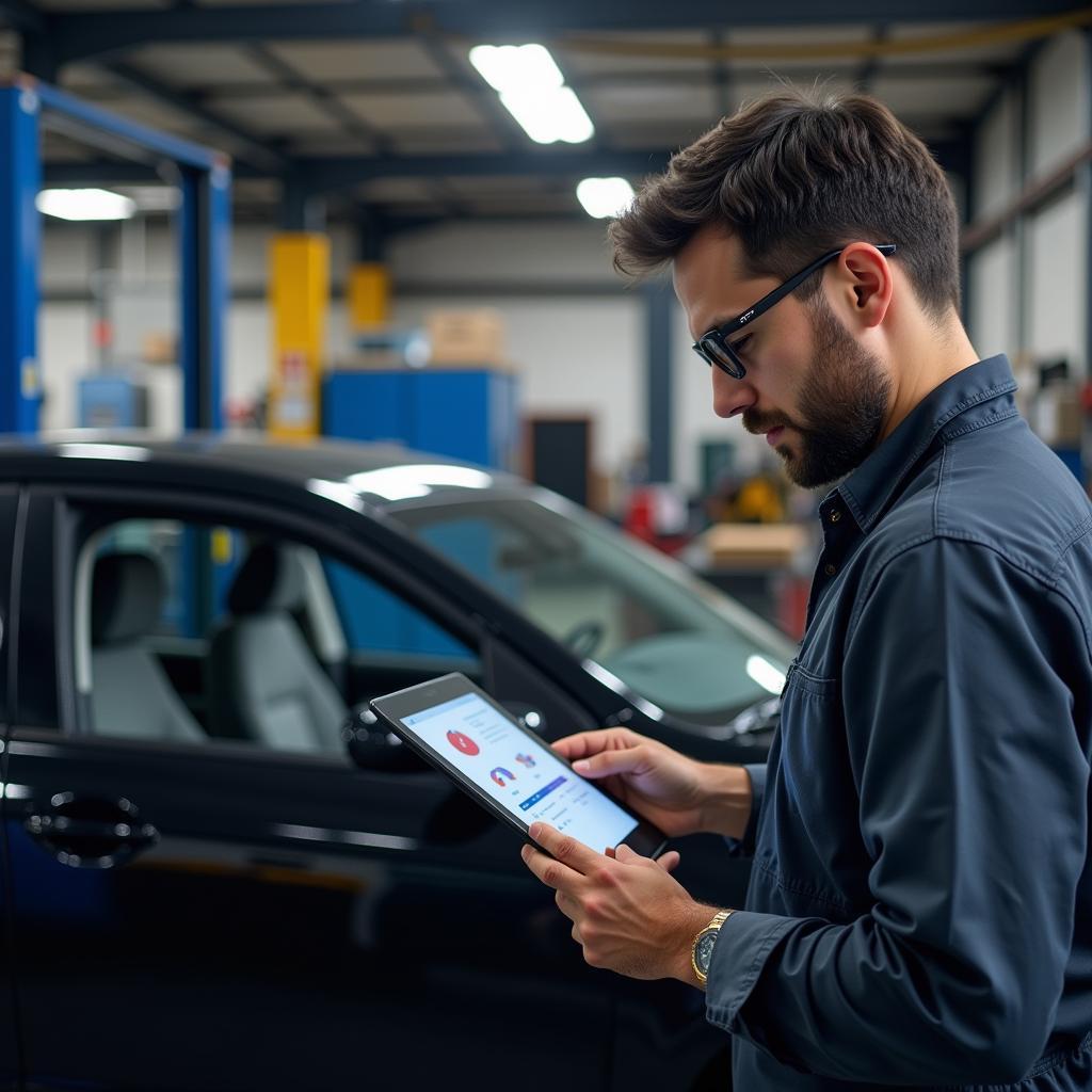 Mechanic reviewing car's service history on a tablet