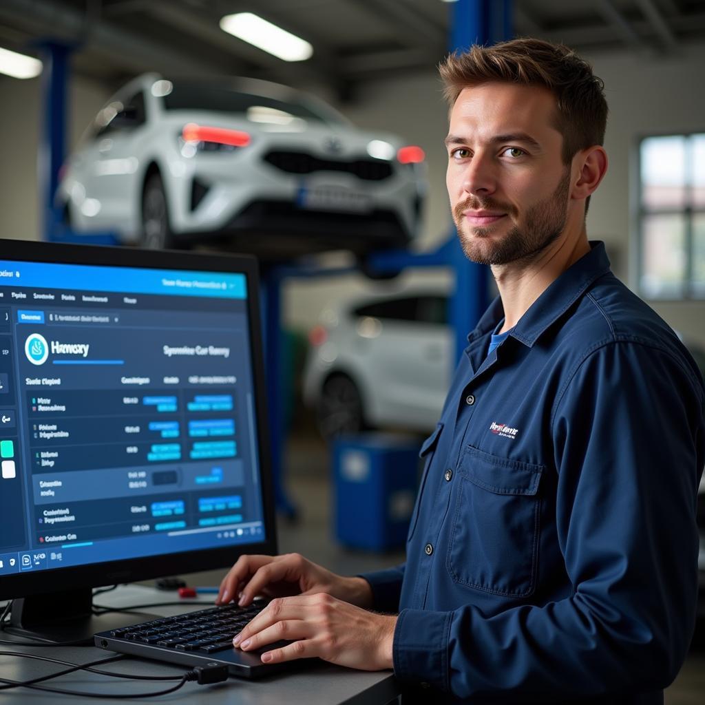 Mechanic reviewing service records on a computer while a car is on a lift