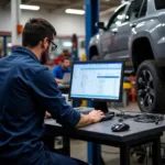 Mechanic checking car service history on a computer.