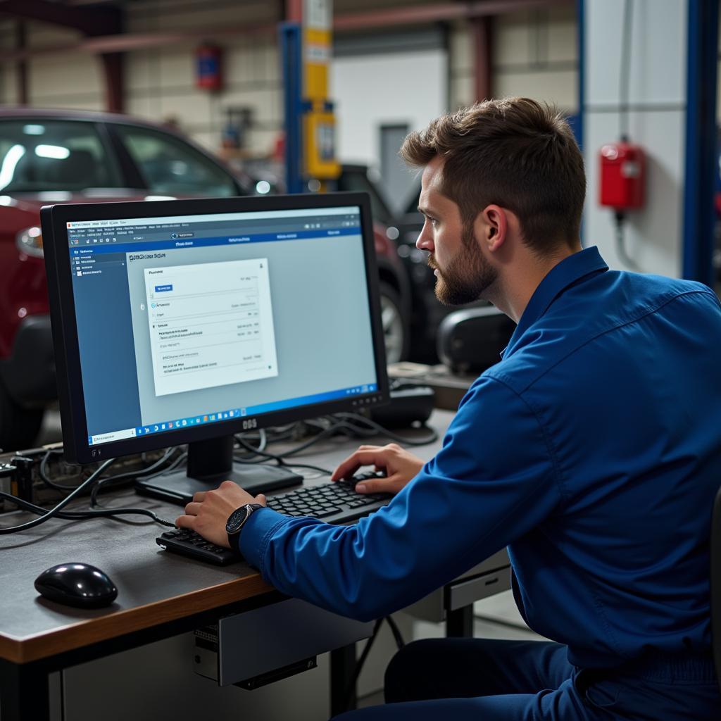 Mechanic Checking Car History on Computer