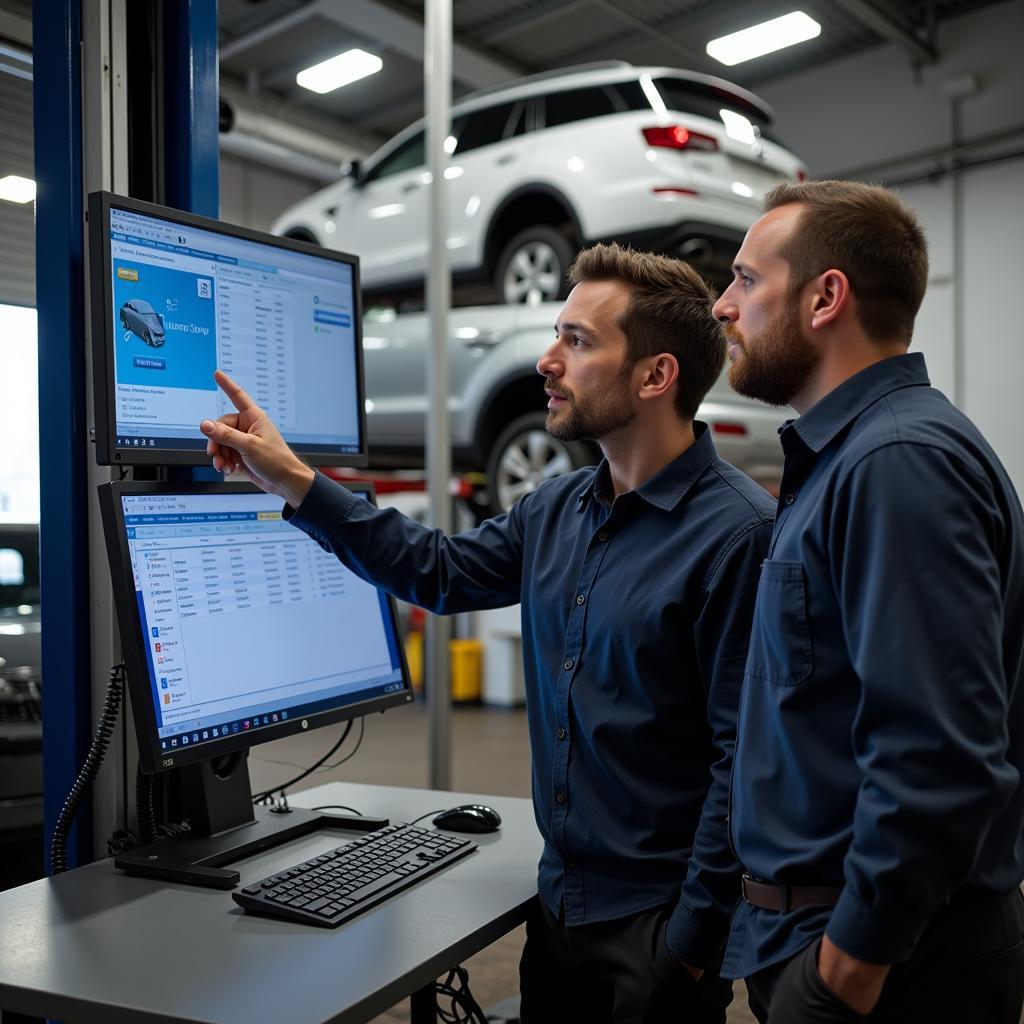 Mechanic Reviewing Car Maintenance History on a Computer