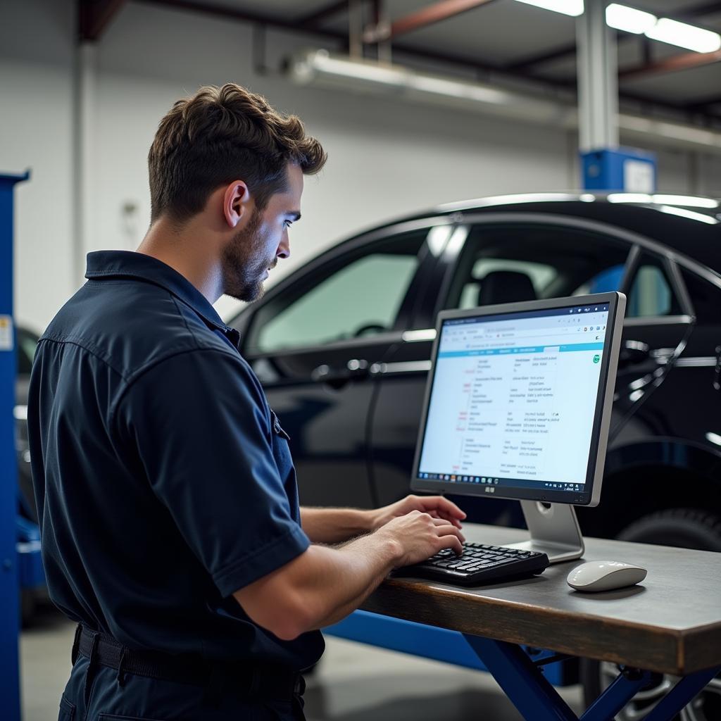 Mechanic Checking Car History on Computer