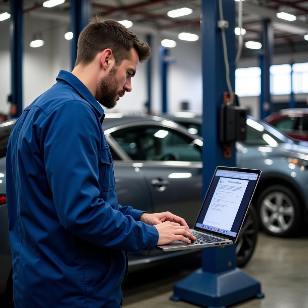 Mechanic Checking Car History Online