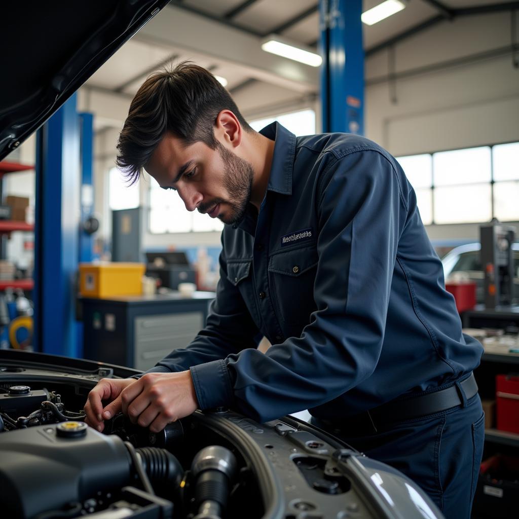 Mechanic diligently inspecting a car engine in a repair shop on a Sunday morning.