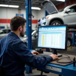 Mechanic Reviewing Car Records on Computer