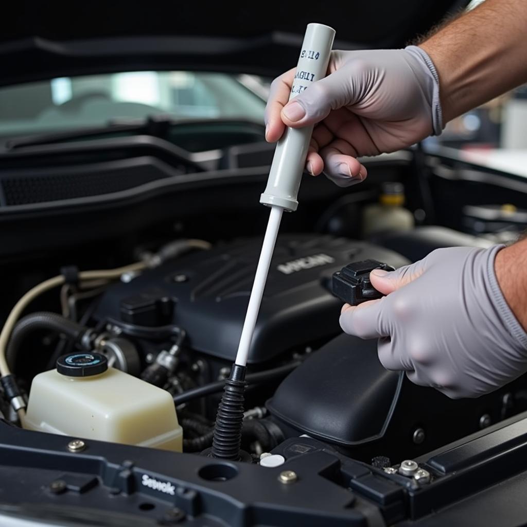 Mechanic Checking Oil Level in a Car Engine