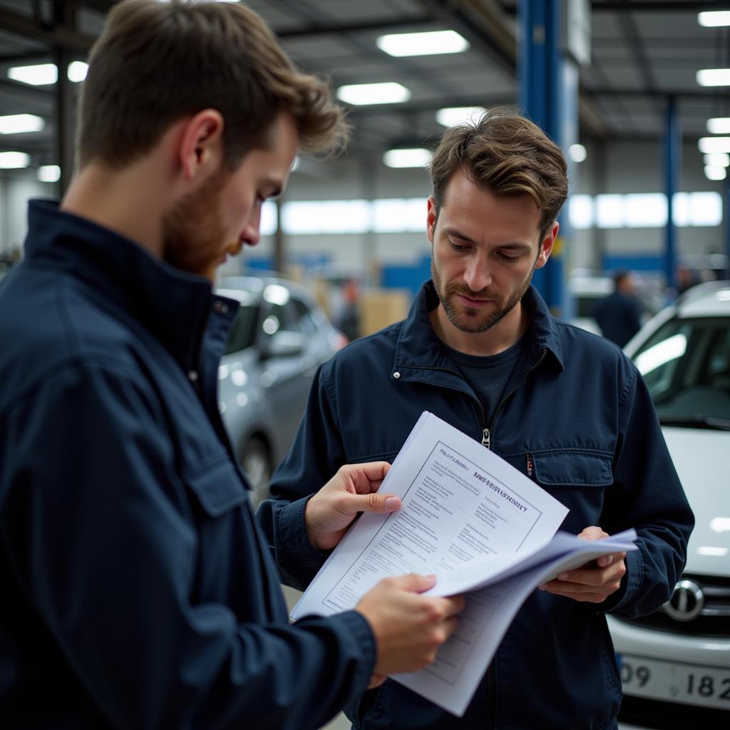 Mechanic reviewing car's service book