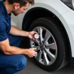 Mechanic Checking Tire Pressure During Mini Service