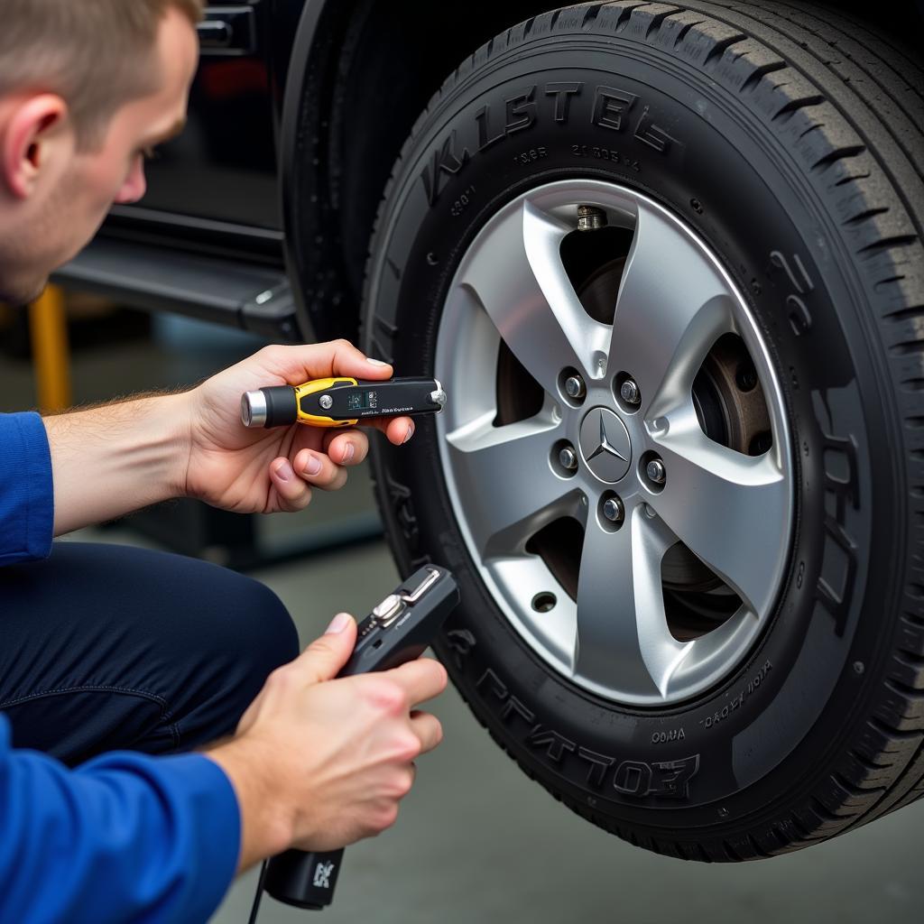 Mechanic Checking Tyre Alignment