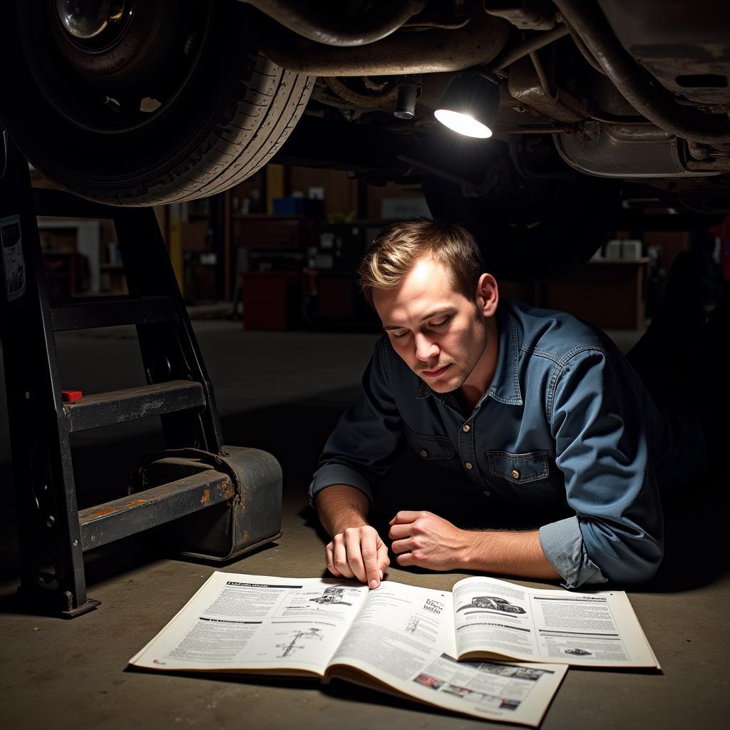 Mechanic Consulting Service Manual Underneath a Car