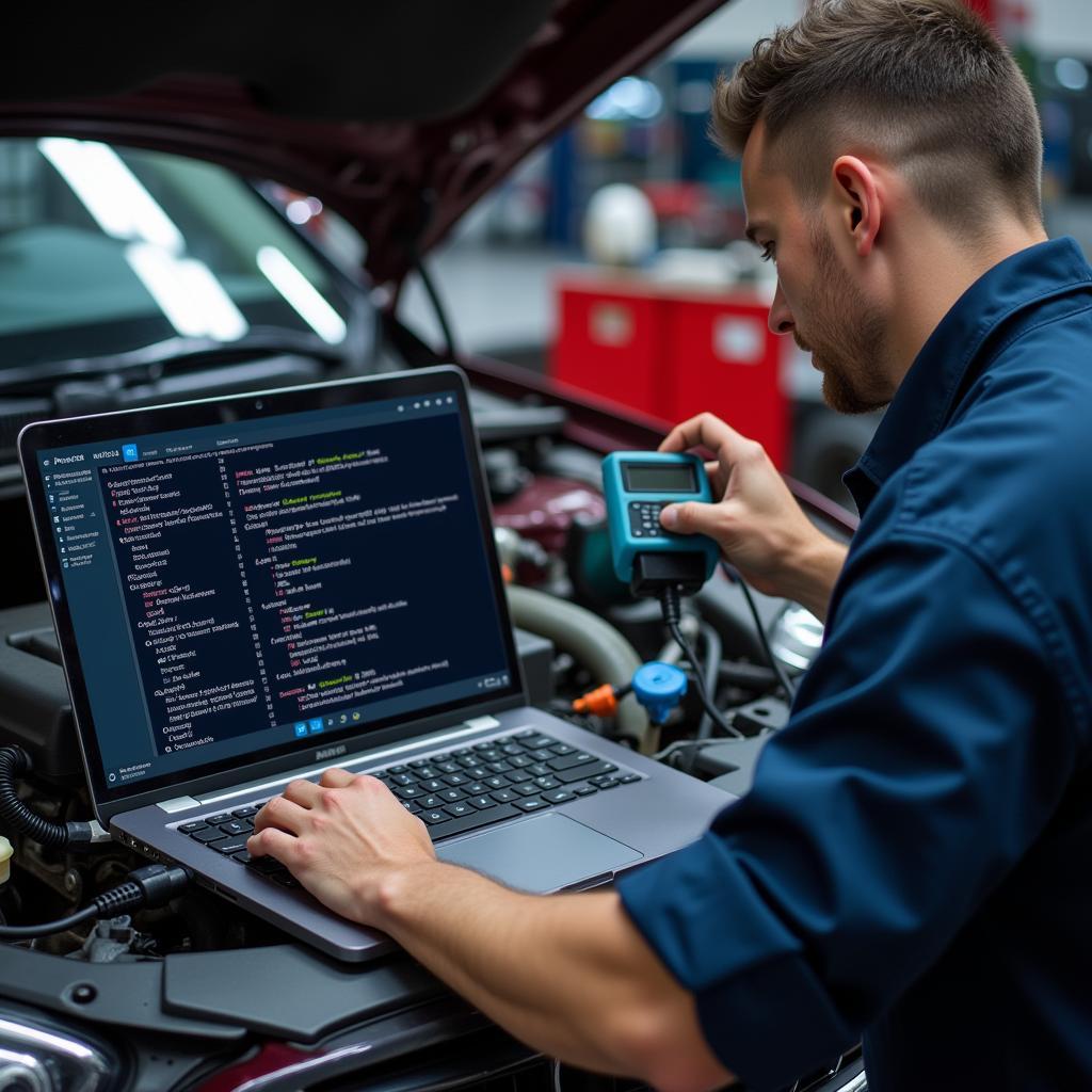 Mechanic Using Diagnostic Tool on Car Hextrope