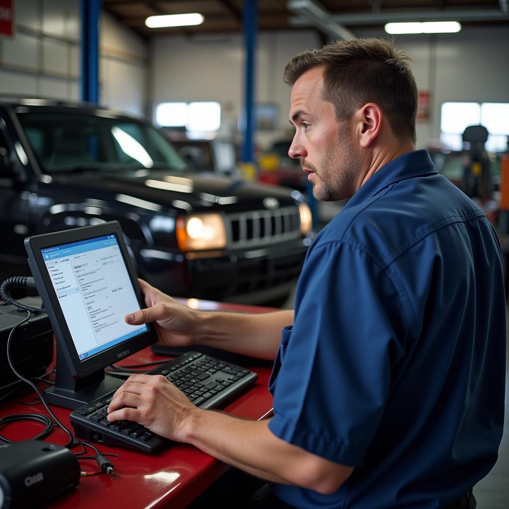 Mechanic Diagnosing a Car Problem Using Diagnostic Equipment