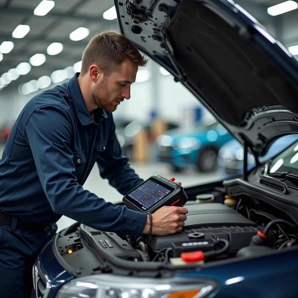 Car mechanic using a diagnostic tool on a vehicle