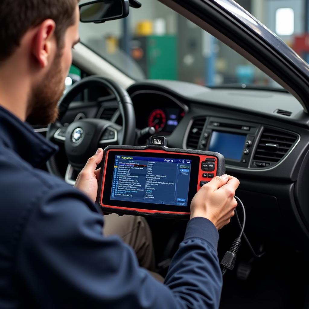 Mechanic Using Diagnostic Tool on a Car